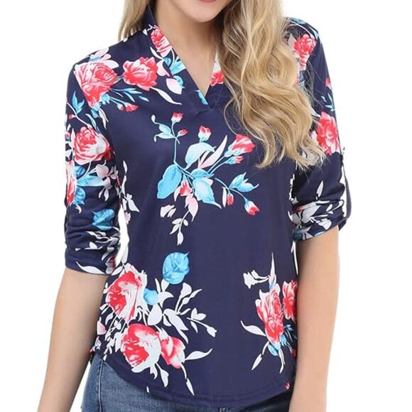 New Women Paisley Floral Print V Neck 3/4 Sleeve Tunic Tops -XLL - Picture 2 of 8